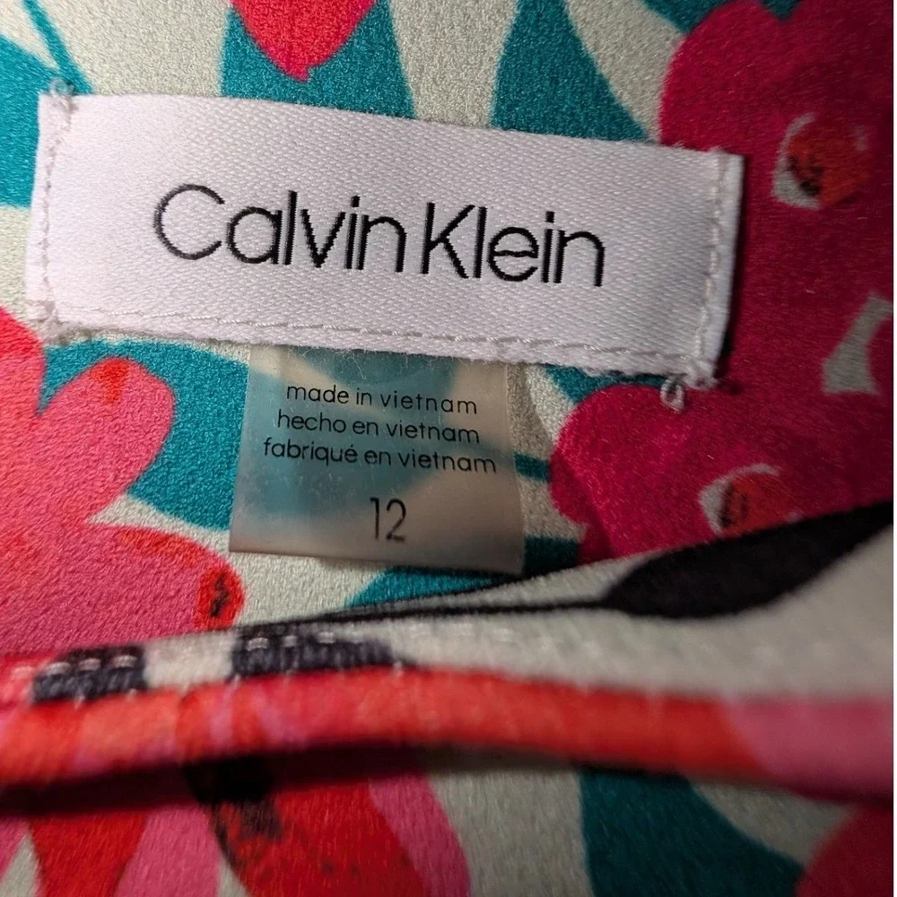 Calvin Klein Floral Sleeveless Sheath Dress Pink Teal Mint Gold Zip Size 12